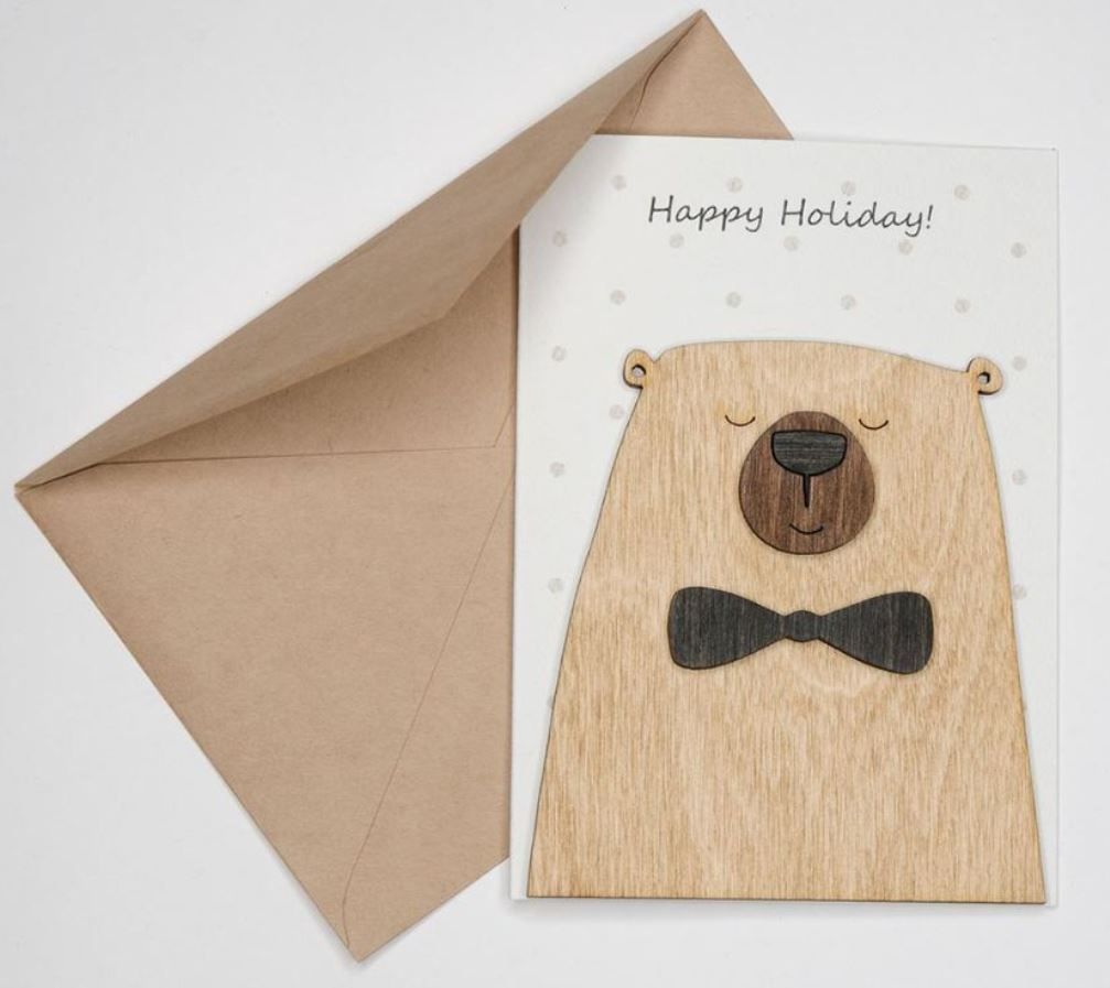 Κάρτα ευχετήρια χειροποίητη δίπτυχη 12x16 cm Happy holiday - Αρκούδος με παπιγιόν