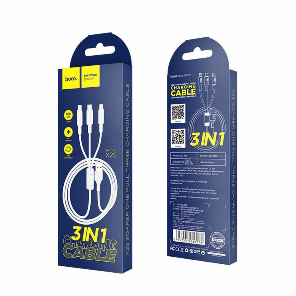 Καλώδιο Usb Hoco 3 σε 1 σε Micro-USB, Lightning, USB-C Fast Charging 2.0A Λευκό